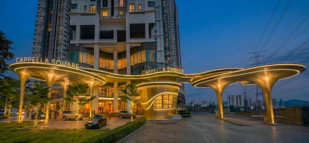 Capella Embassy grand entrance porte-cochère — iconic gold canopy at Embassy Row Ampang Hilir KL