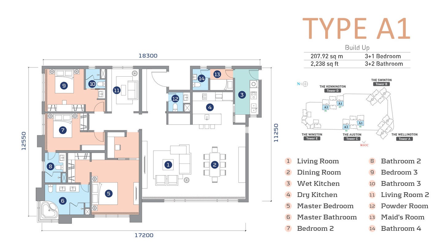 Capella Embassy Type A1 Floor Plan — 2,238 sq ft (207.92 sq m), 3+1 Bedroom 3+2 Bathroom, Living Room 2, Wet Kitchen, Dry Kitchen, Maid's Room, Tower C & D, Embassy Row Ampang Hilir Kuala Lumpur