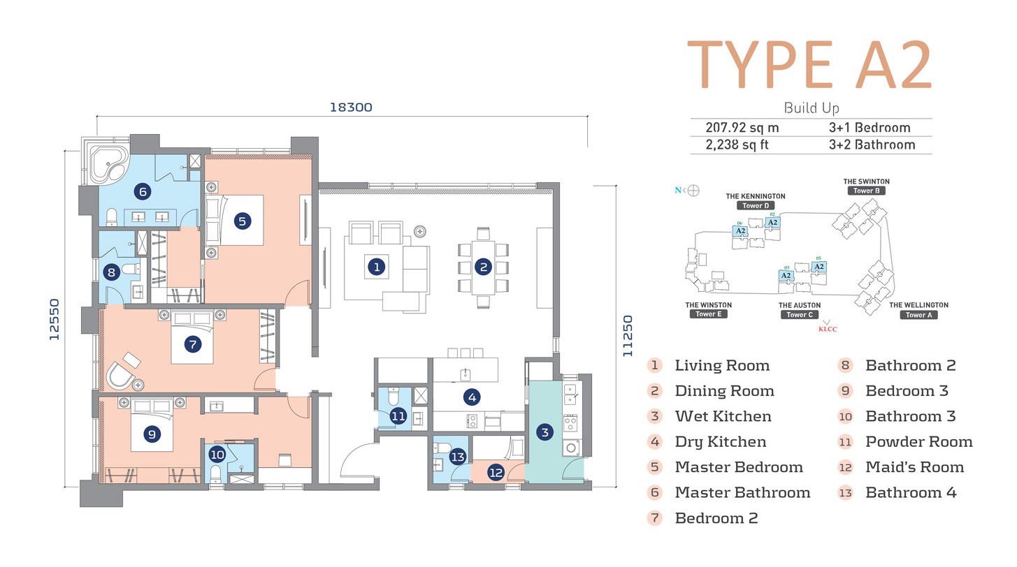 Capella Embassy Type A2 Floor Plan — 2,238 sq ft (207.92 sq m), 3+1 Bedroom 3+2 Bathroom, Wet Kitchen, Dry Kitchen, Maid's Room, Tower C & D, Embassy Row Ampang Hilir Kuala Lumpur