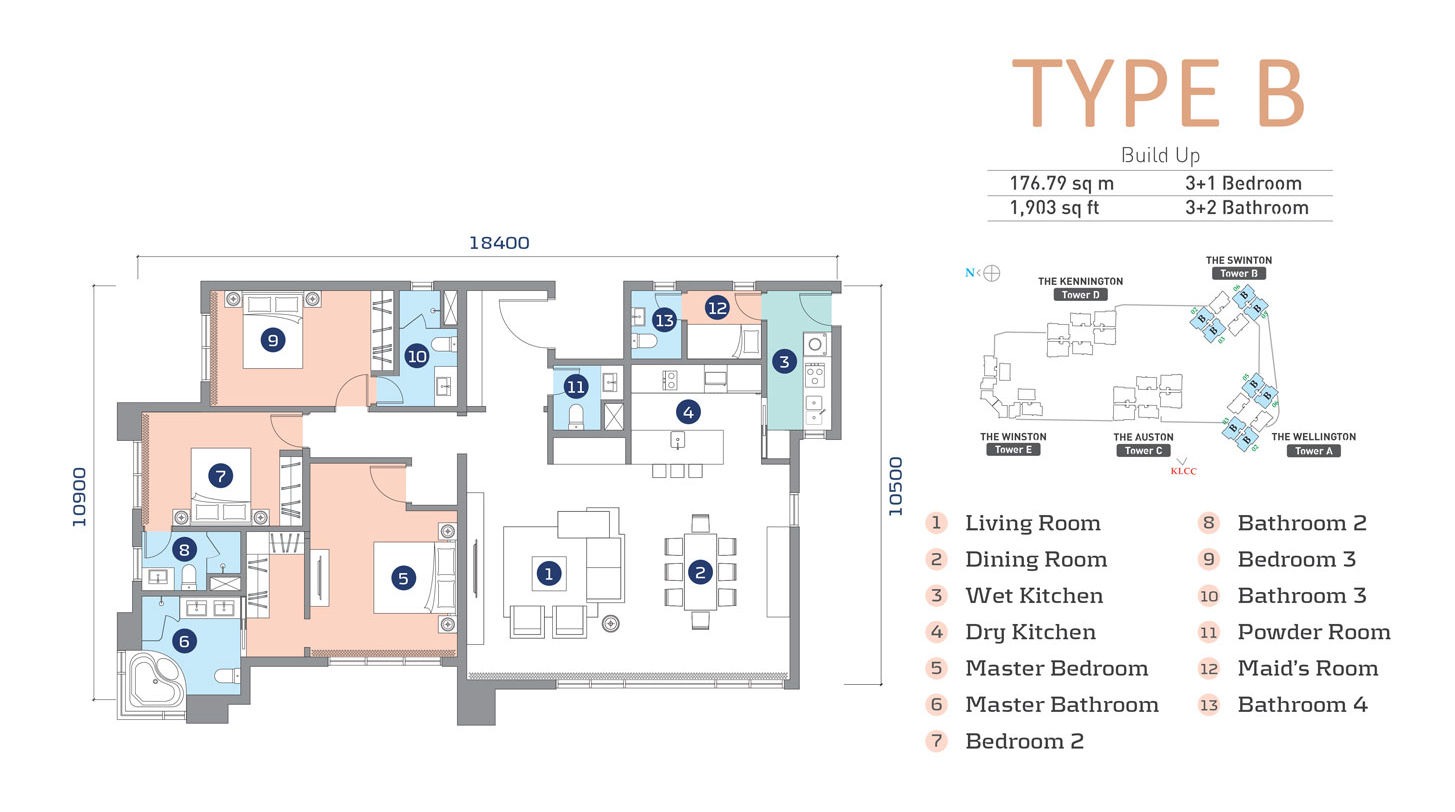 Capella Embassy Type B Floor Plan — 1,903 sq ft (176.79 sq m), 3+1 Bedroom 3+2 Bathroom, Wet Kitchen, Dry Kitchen, Maid's Room, Tower A & B, Embassy Row Ampang Hilir Kuala Lumpur