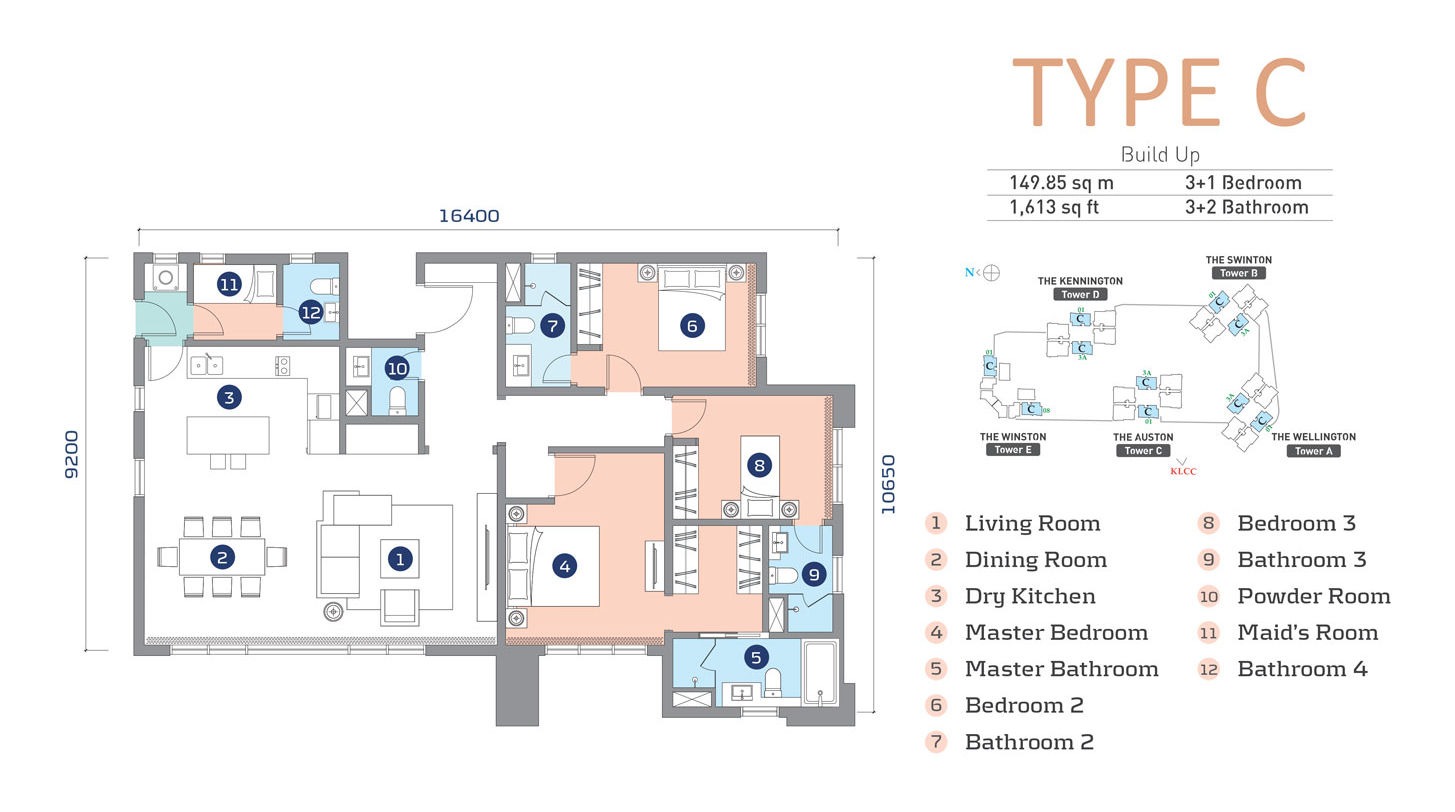 Capella Embassy Type C Floor Plan — 1,613 sq ft (149.85 sq m), 3+1 Bedroom 3+2 Bathroom, Dry Kitchen, Maid's Room, All Towers, Embassy Row Ampang Hilir Kuala Lumpur