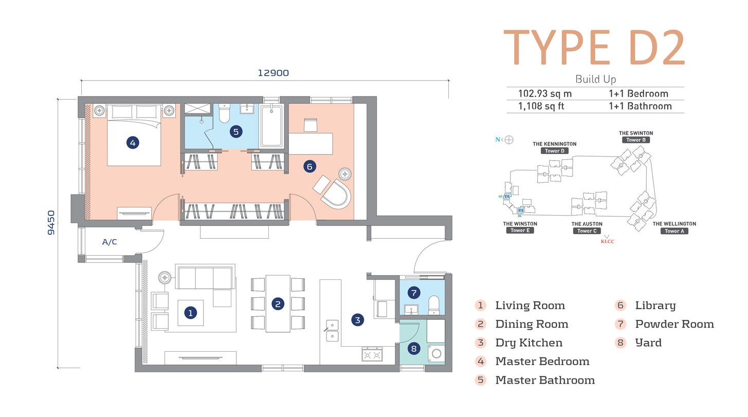 Capella Embassy Type D2 Floor Plan — 1,108 sq ft (102.93 sq m), 1+1 Bedroom 1+1 Bathroom, Library, Dry Kitchen, Powder Room, Yard, Tower E (The Winston) Sky Deck, Embassy Row Ampang Hilir KL
